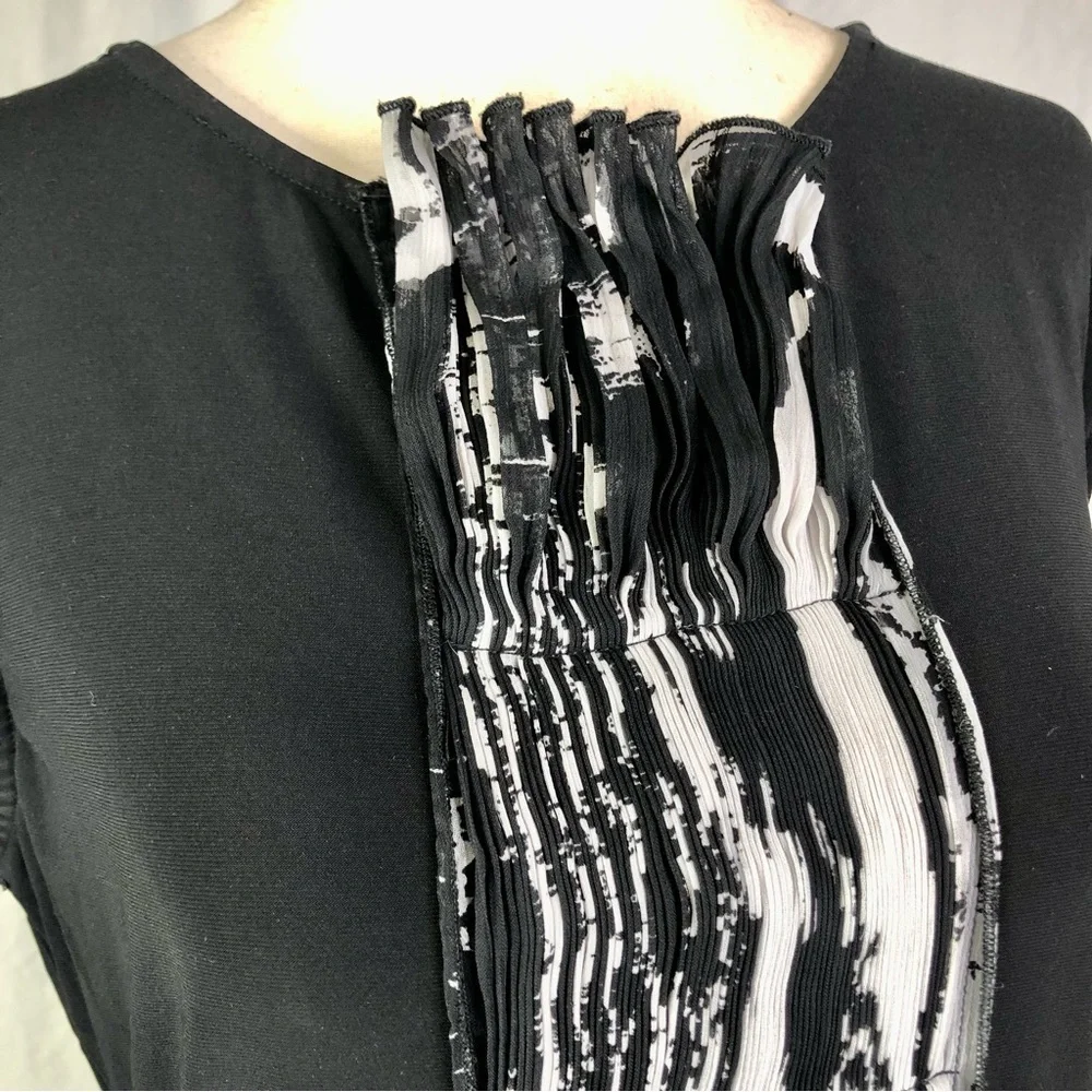 Samuel Dong pleated chiffon front dress stretch jersey cap sleeve black white M - Picture 2 of 10